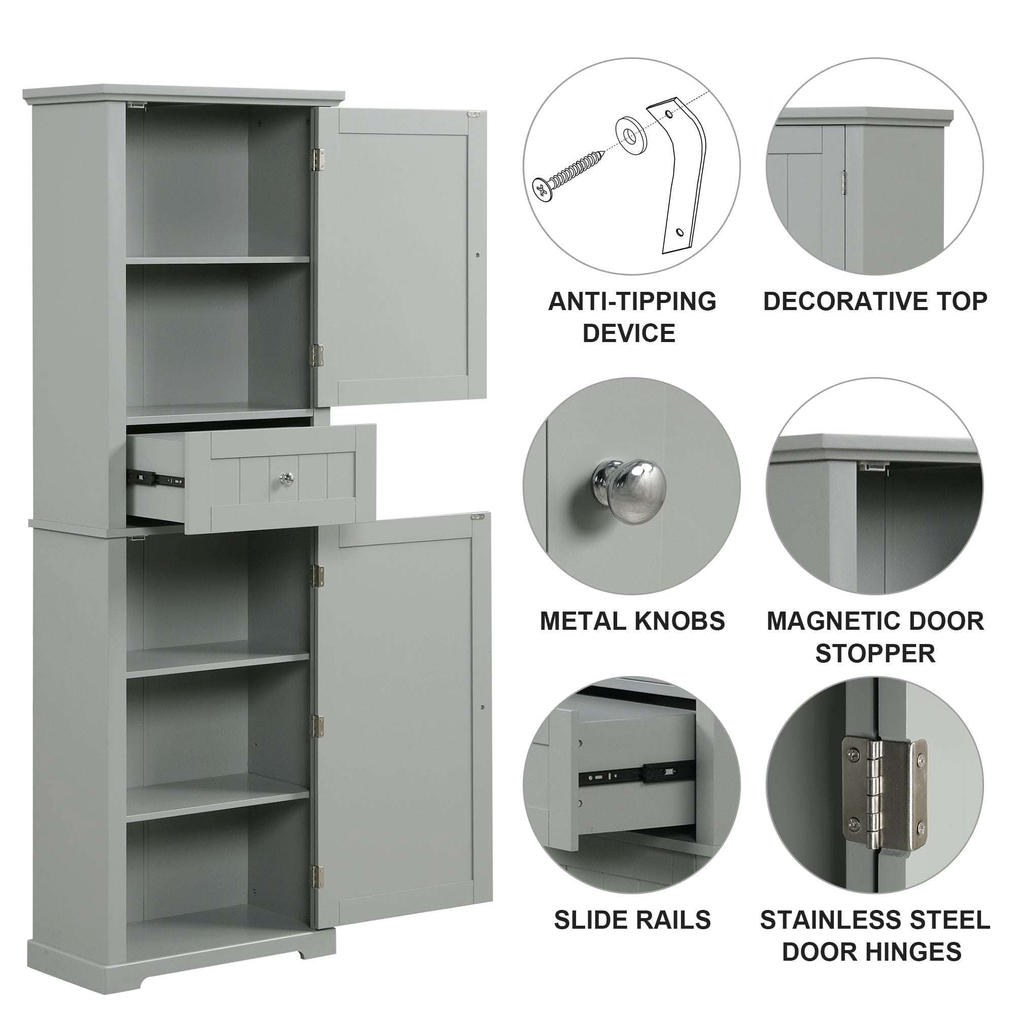 Detail view of Norrin 67.3 inch grey bathroom storage cabinet showing high quality hardware.