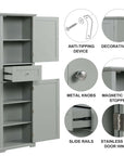 Detail view of Norrin 67.3 inch grey bathroom storage cabinet showing high quality hardware.