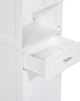Detailed view of single drawer pulled open on 69.92-inch white bathroom linen cabinet, highlighting storage space.