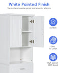 White bathroom linen cabinet feature graphic highlighting waterproof MDF, smooth surface, and easy-clean finish.