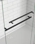 Stainless steel handle detail of matte black 60 x 70 sliding shower door.