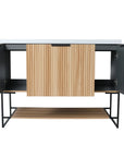 48-inch maple bathroom vanity with cabinet doors open showing interior storage.