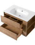 30" bathroom sink vanity featuring spacious storage drawers and side open shelves in oak finish.