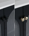Handle options on ribbed acrylic doors of AeroGrid 30" freestanding makeup vanity.