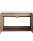 Monterey Series bathroom floating vanity in oak finish with cabinet doors opened showing ample storage space.