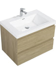 A compact Modern Wood Bathroom Vanity with a sleek white sink top, chrome faucet, and two minimalist storage drawers. |ACE DECOR