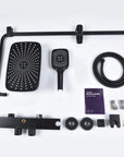 Matte black thermostatic shower system shown with rain showerhead, hand shower, tub spout, control body, components and installation instruction.