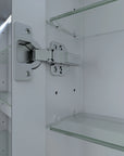 Stainless steel hinge and adjustable glass shelves inside bathroom mirror cabinet | ACE DECOR