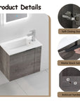 22" floating bathroom vanity sink product details showing soft-close door, matte black handle, and hardware | Ace Decor