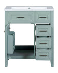 30 inch green bathroom vanity with sink, cabinet door and drawers open | Ace Decor