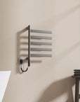 Velin Series 18 x 27 gray electric towel warmer for bathroom featuring six flat heating bars | Ace Decor