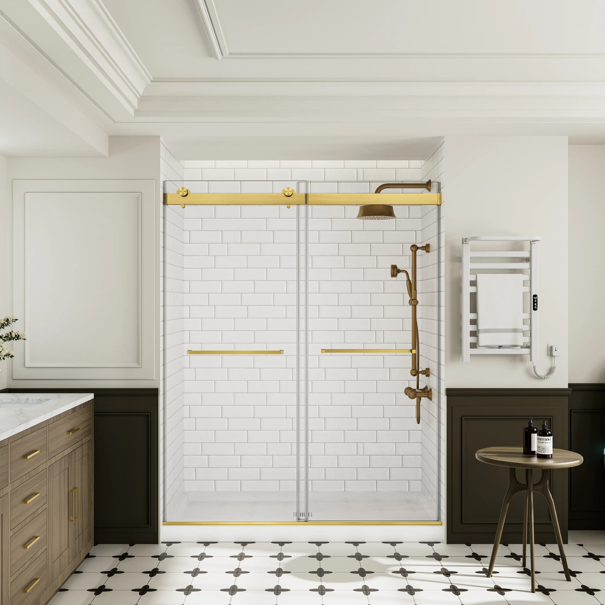 Front view of frameless shower door 60 x 74 with gold hardware, modern bathroom design | Ace Decor