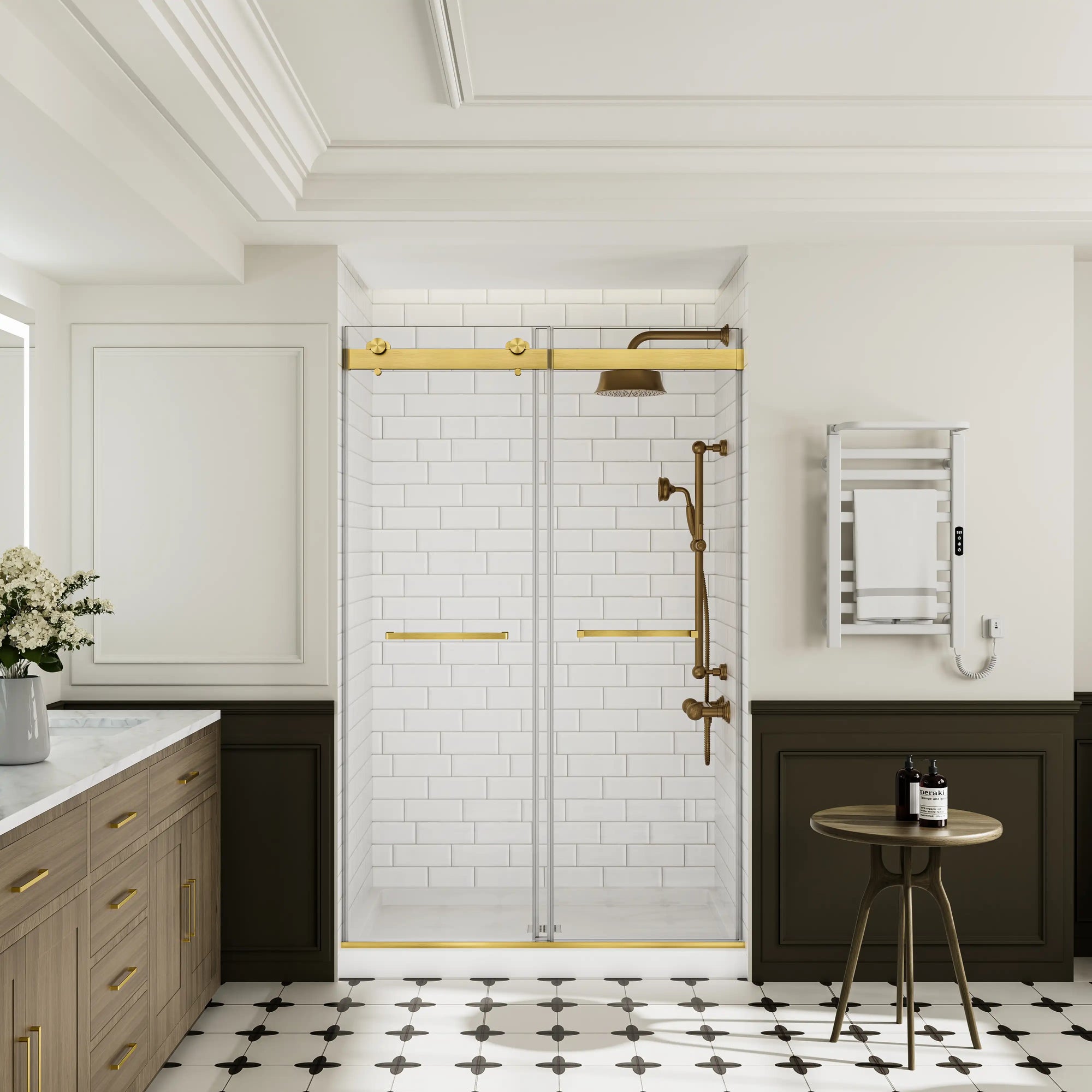 Front view of frameless brushed gold shower door 48 x 74 in modern bathroom. | Ace Decor