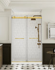 Front view of frameless brushed gold shower door 48 x 74 in modern bathroom. | Ace Decor