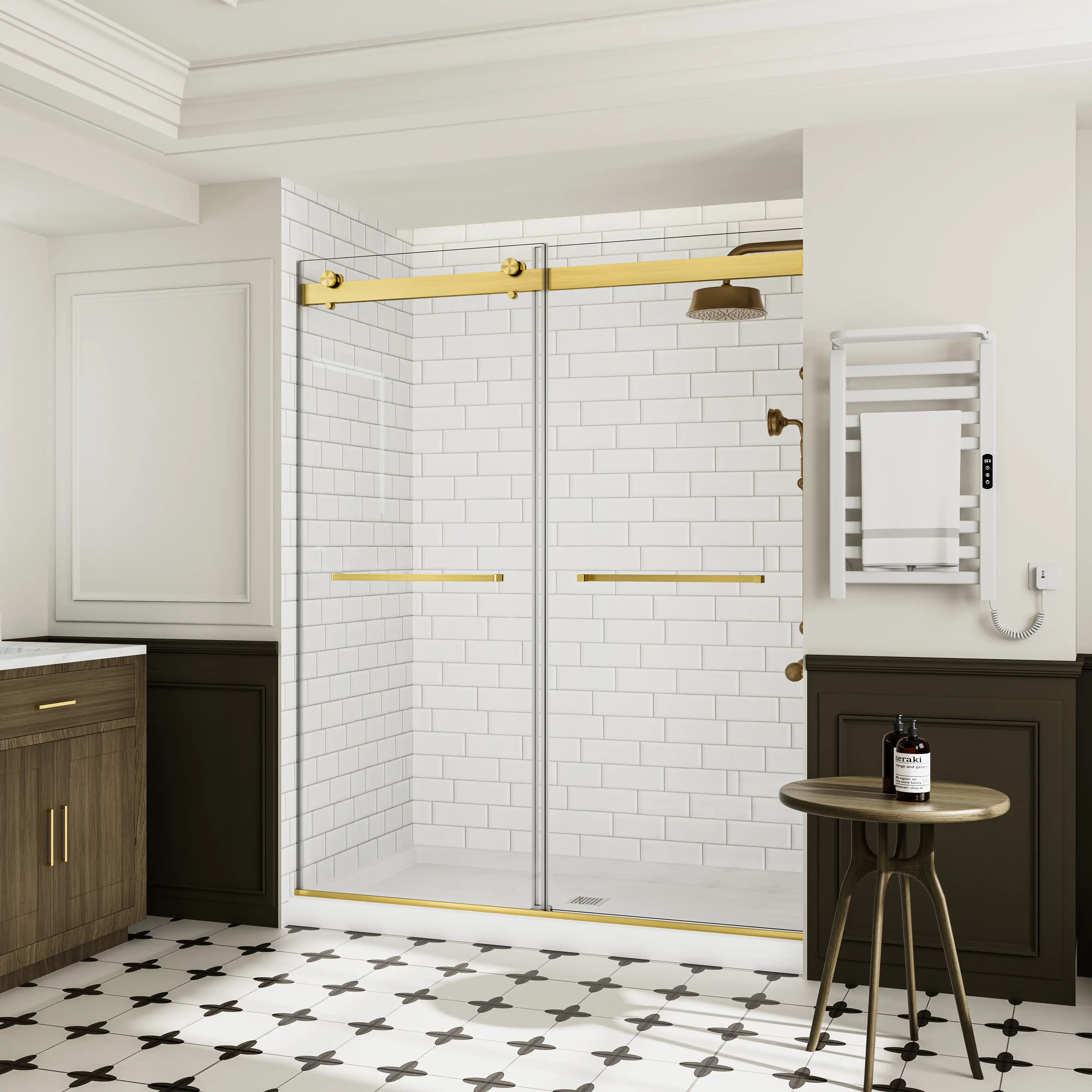 Side view of frameless shower door 60 x 74 with gold hardware in modern bathroom | Ace Decor
