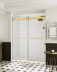 Side view of frameless shower door 60 x 74 with gold hardware in modern bathroom | Ace Decor