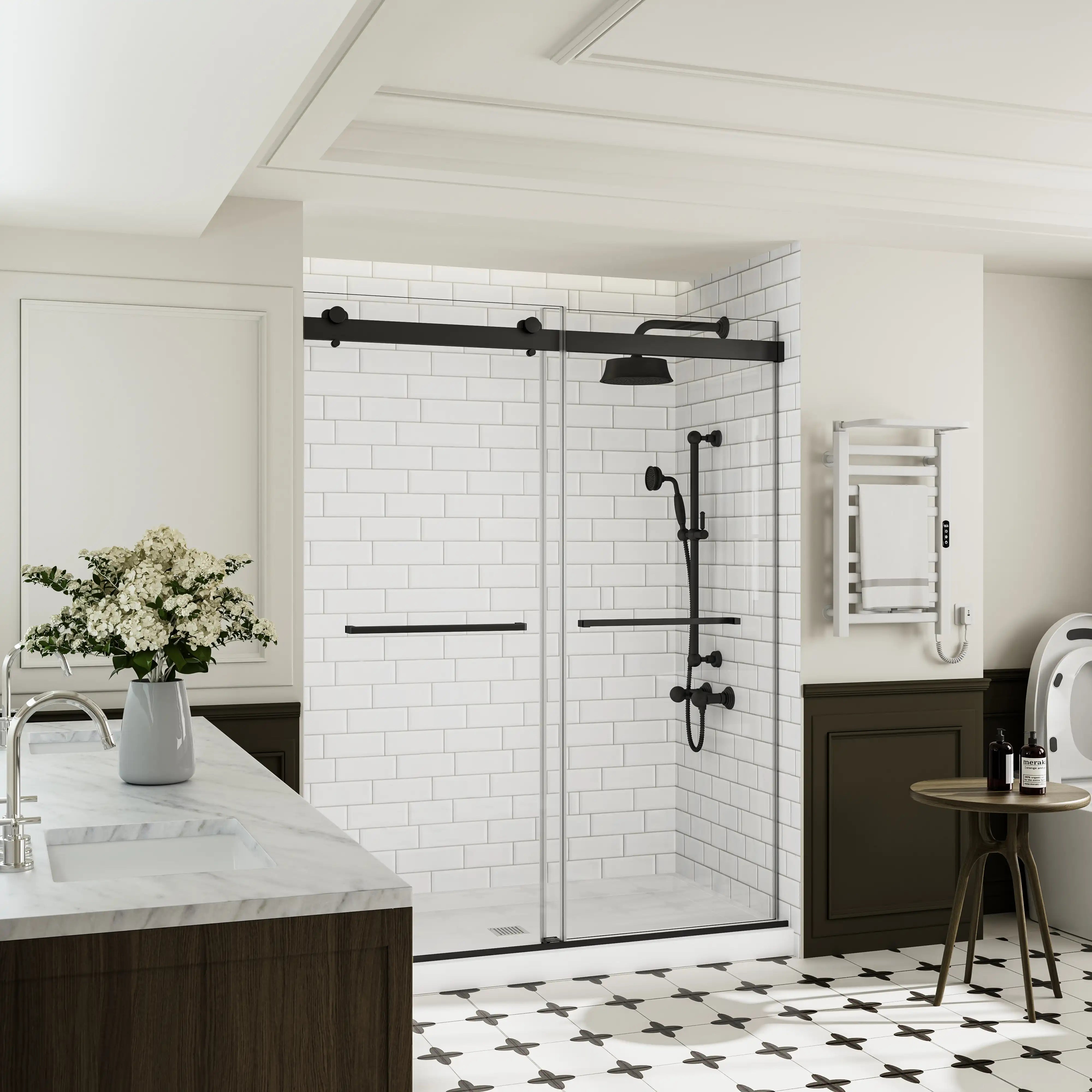 Left side view of soft close sliding shower doors frameless design in matte black, size 60 x 74, installed in a modern bathroom | Ace Decor