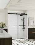 Left side view of soft close sliding shower doors frameless design in matte black, size 60 x 74, installed in a modern bathroom | Ace Decor