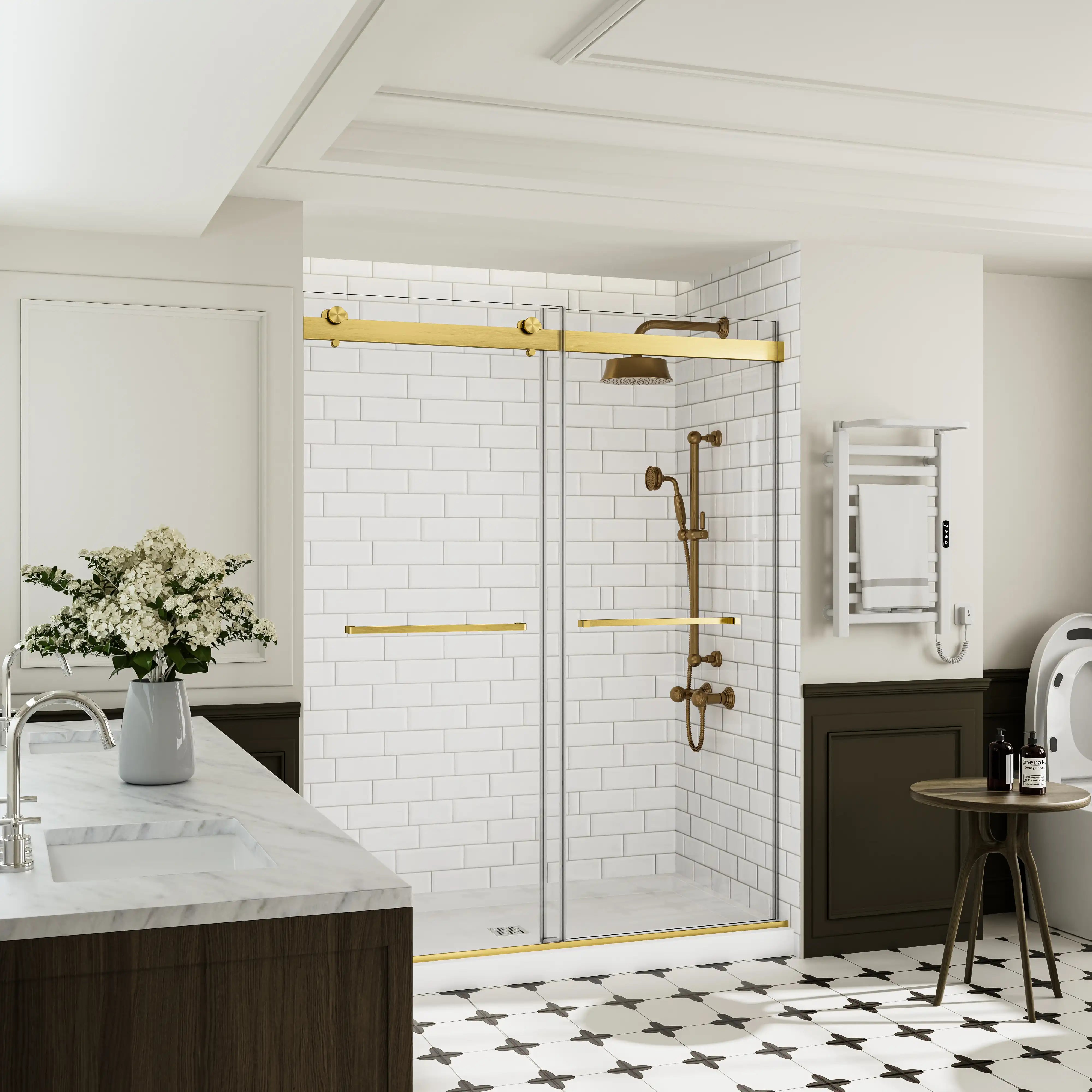 Side view of frameless shower door 60 x 74 with gold hardware and towel bars in a modern bathroom | Ace Decor