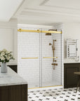 Side view of frameless shower door 60 x 74 with gold hardware and towel bars in a modern bathroom | Ace Decor