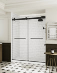 Right side view of soft close sliding shower doors frameless design in matte black, size 60 x 74, installed in a modern bathroom | Ace Decor