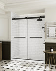 Right side view of soft close sliding shower doors frameless design in matte black, size 60 x 74, installed in a modern bathroom | Ace Decor