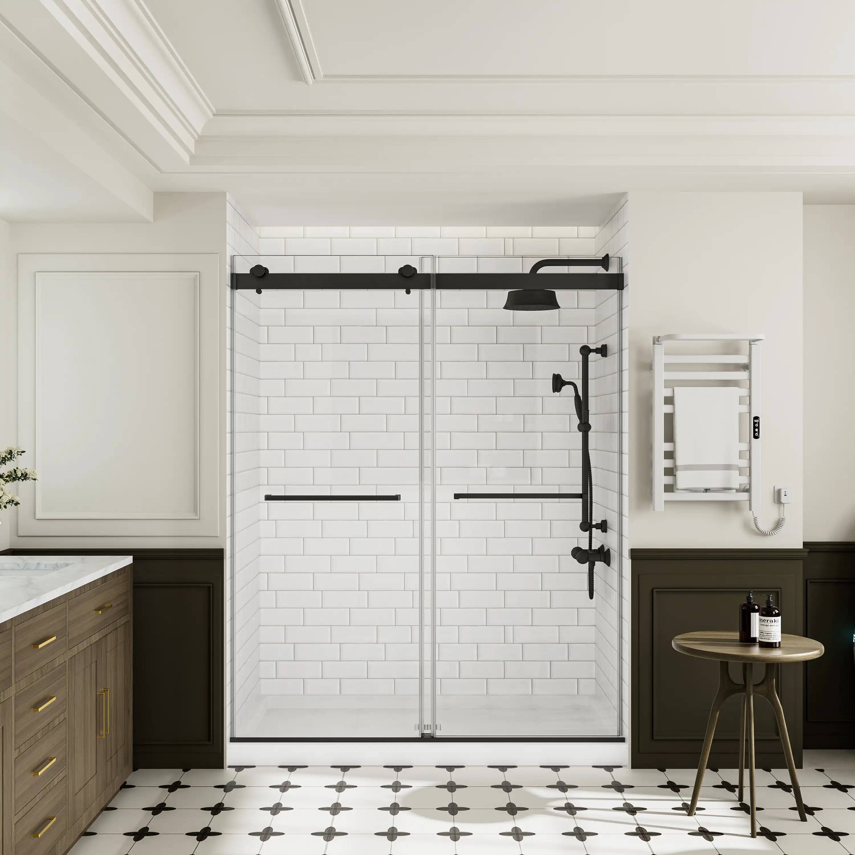 Front view of soft close sliding shower doors frameless design in matte black, size 60 x 74, installed in a modern bathroom | Ace Decor
