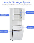 White tall bathroom linen cabinet with upper double-door storage, adjustable shelf, drawer, and bottom tilt-out compartment.