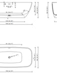 Dimension diagram of the 67" solid surface rectangular soaking tub.