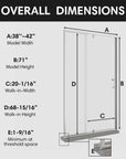 Overall dimensions diagram of 42 in shower doors, size 42 x 71 | Ace Decor
