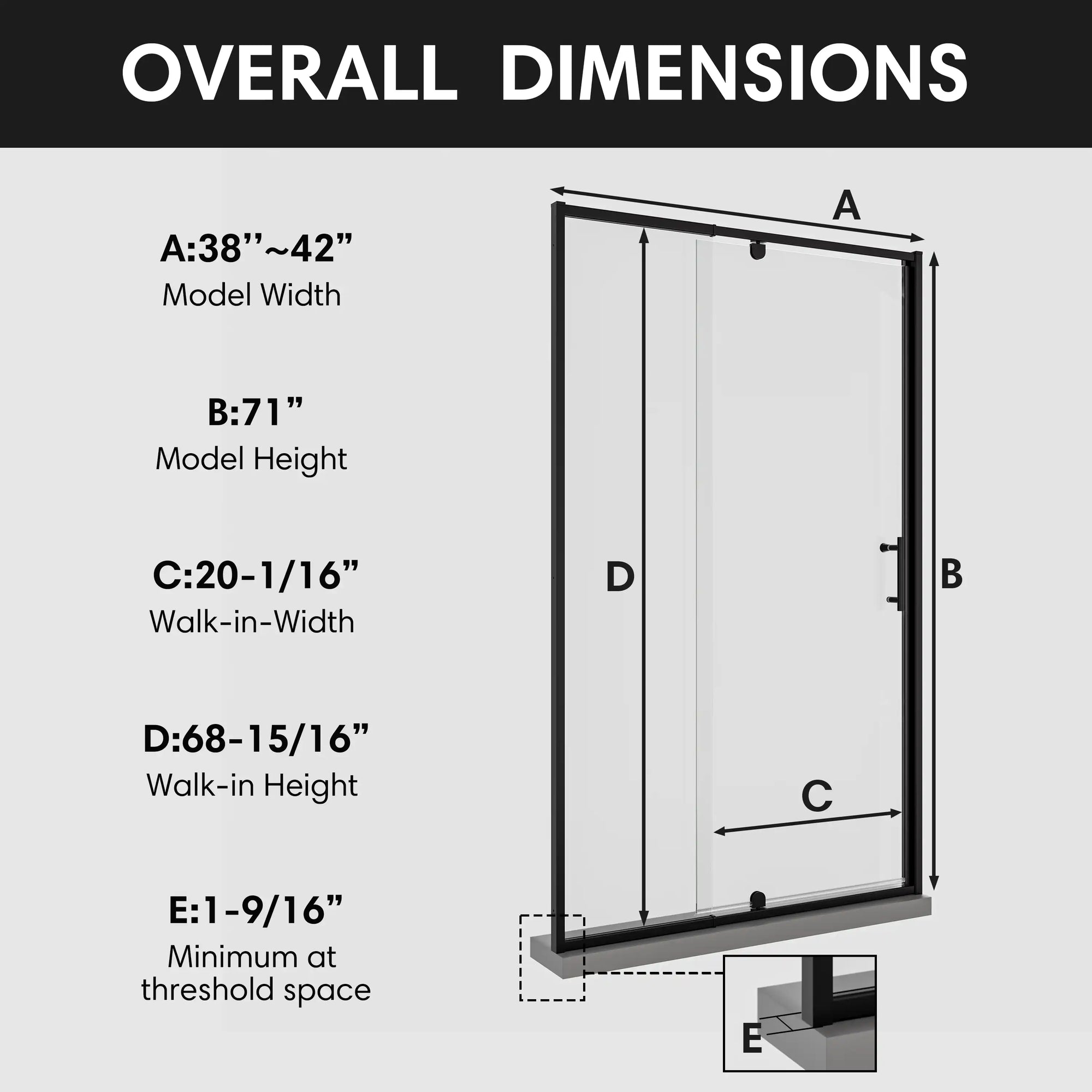 Detailed overall dimensions of 42 in shower doors, watertight enclosure measuring 42 x 71 | Ace Decor