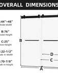 Overall dimensions diagram for a 48 x 76 sliding shower doors frameless model with walk-in width and height measurements | Ace Decor