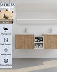 Monterey Series 60" Double Floating Bathroom Vanity in Imitative Oak with Side Cabinet and Integrated Sink