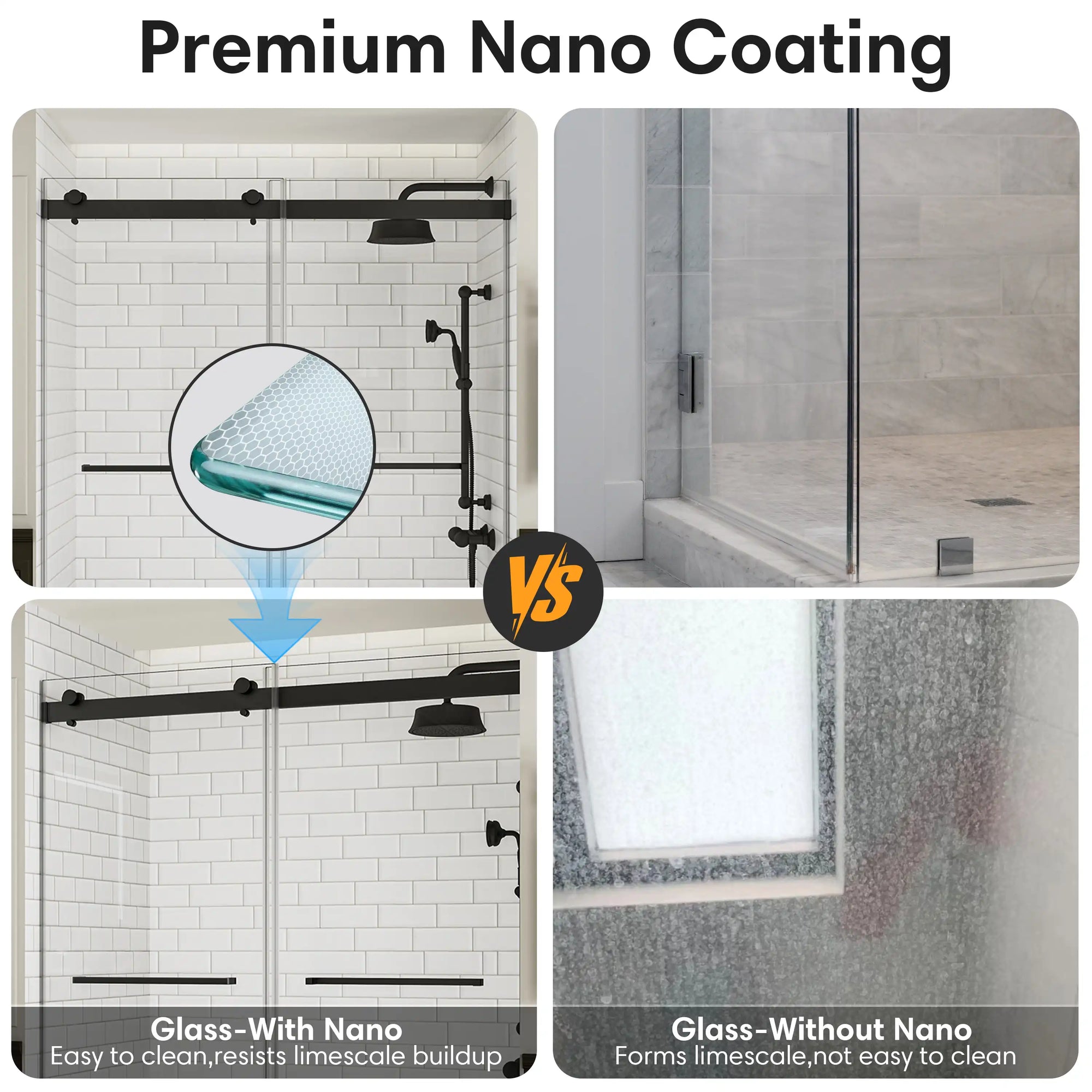 Comparison of shower glass with nano coating, easy to clean, vs without nano, stained and hard to clean. | Ace Decor