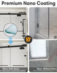 Comparison of shower glass with nano coating, easy to clean, vs without nano, stained and hard to clean.