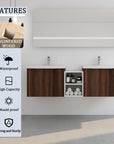Monterey Series 60" Double Floating Bathroom Vanity in California Walnut with Side Cabinet and Integrated Sink