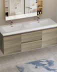 Angled view of 59 inch double sink vanity showing wide countertop and modern floating storage | Ace Decor