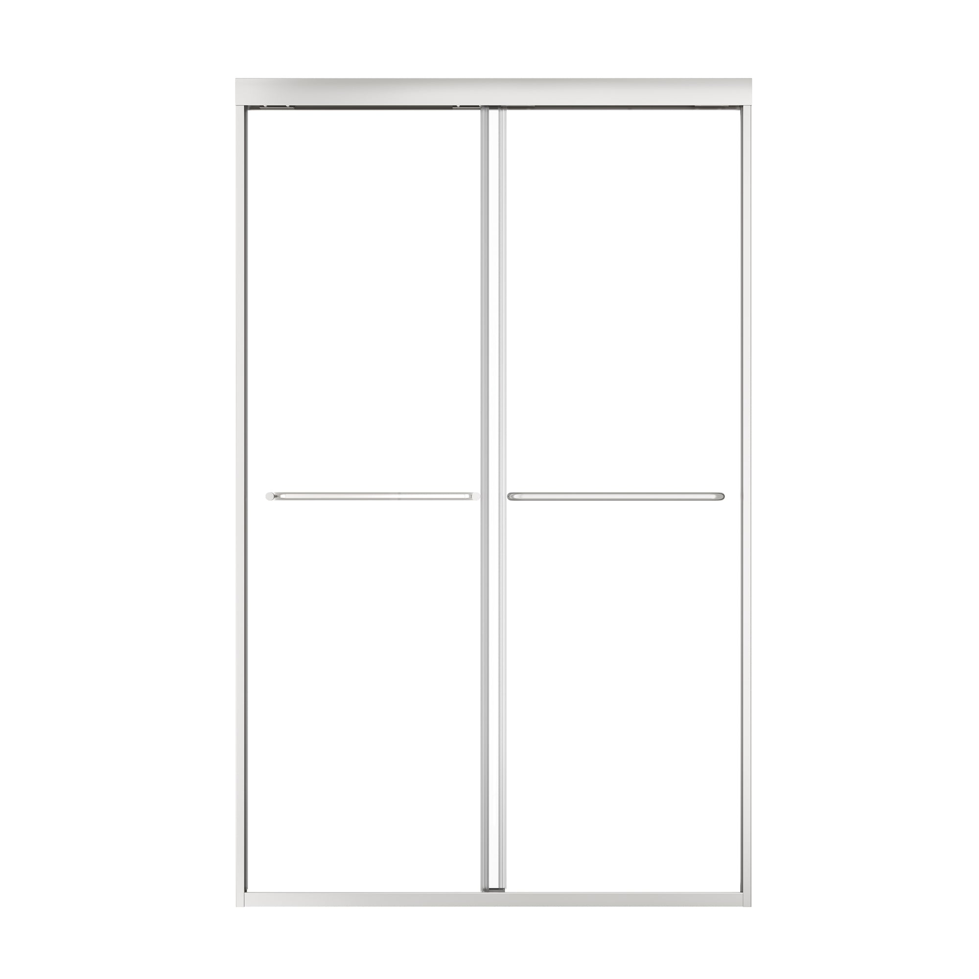 48 x 70 framed glass shower door with sleek silver frame and dual handles. | Ace Decor