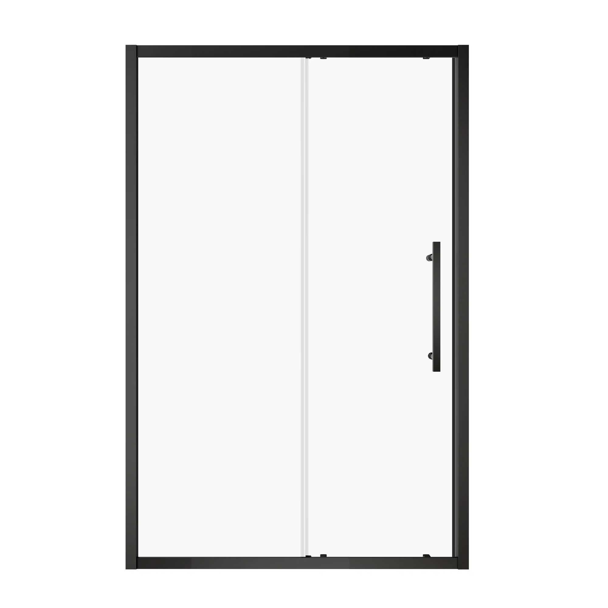 Matte black framed single sliding shower door with stainless steel handle, size 48x72 | Ace Decor