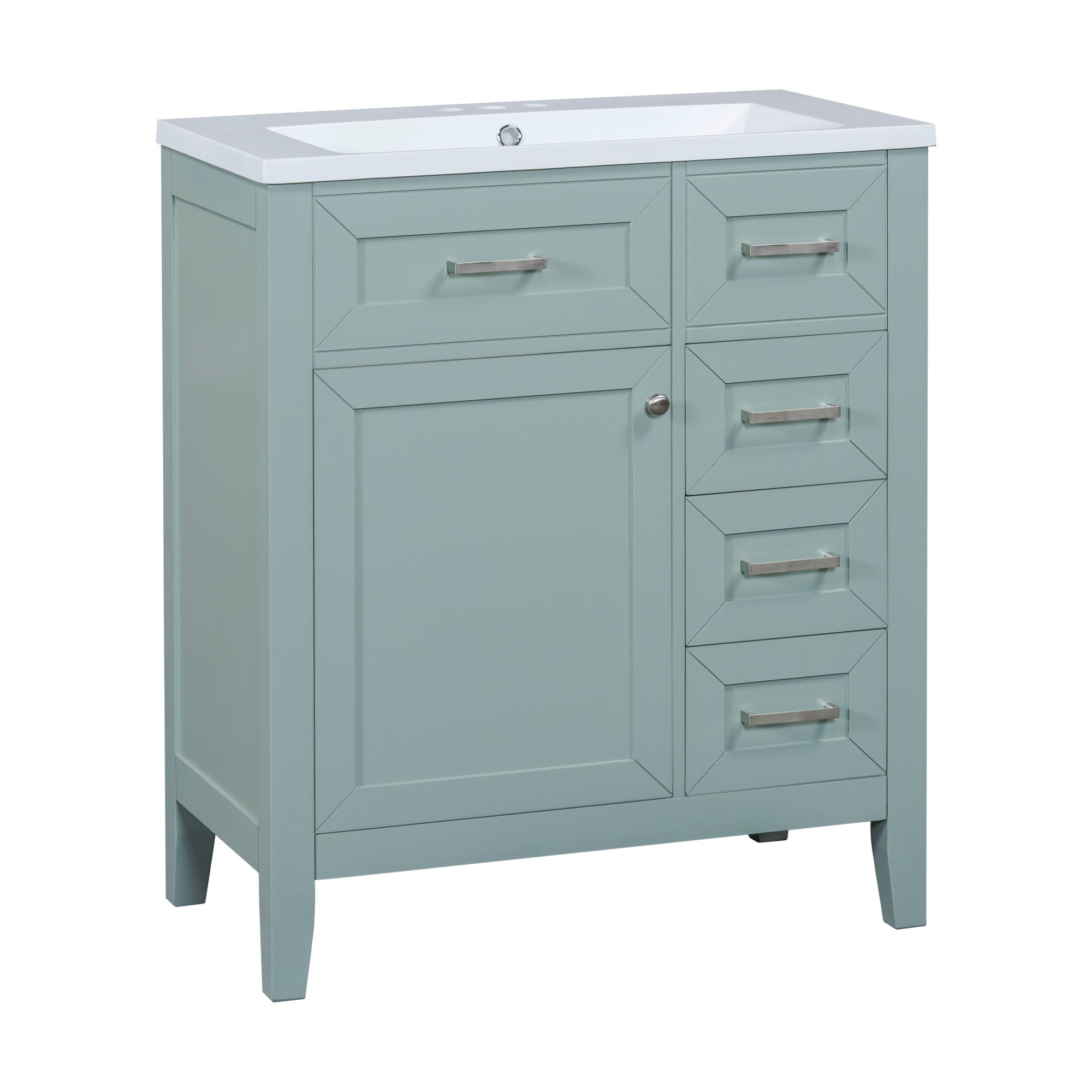 A compact light blue bathroom vanity with a white sink top, one cabinet door, and multiple side drawers. |ACE DECOR