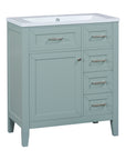 A compact light blue bathroom vanity with a white sink top, one cabinet door, and multiple side drawers. |ACE DECOR