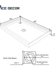 Alcova 48x32 inch shower base technical dimension drawing with detailed center drain hole specifications.