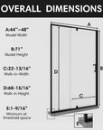 Pivot shower door overall dimensions, size 48 x 71 | Ace Decor