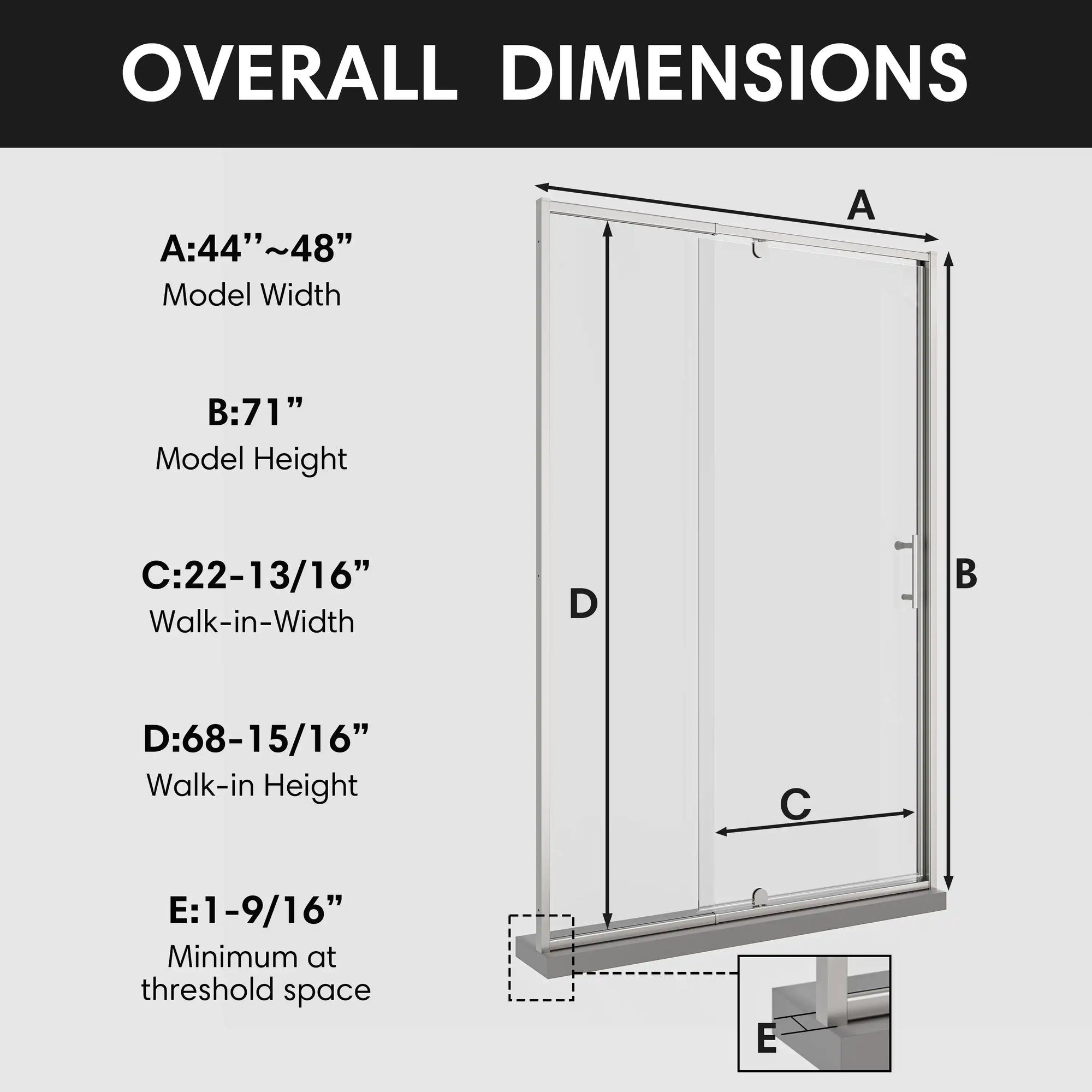 Diagram of framed 48 pivot shower door overall dimensions, size 48 x 71, with walk-in width and height details | Ace Decor