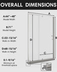 Diagram of framed 48 pivot shower door overall dimensions, size 48 x 71, with walk-in width and height details | Ace Decor
