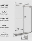 Dimension diagram of 48 x 76 chrome 48 inch sliding shower doors showing model width, height, and walk-in measurements for installation reference | Ace Decor