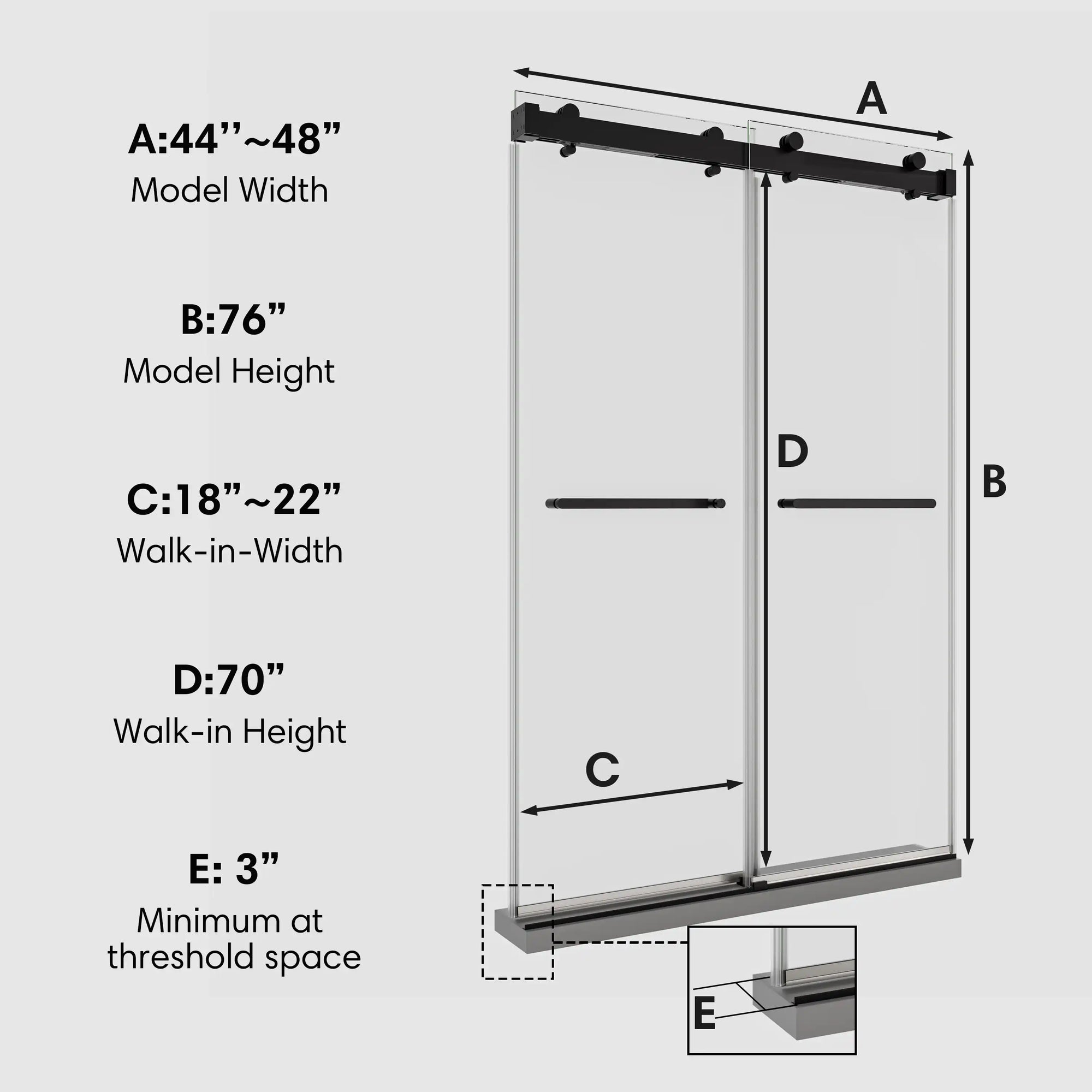 Dimension diagram of 48 x 76 black sliding shower door 48 inch showing model width, height, and walk-in measurements for installation reference | Ace Decor