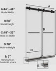 Dimension diagram of 48 x 76 black sliding shower door 48 inch showing model width, height, and walk-in measurements for installation reference | Ace Decor
