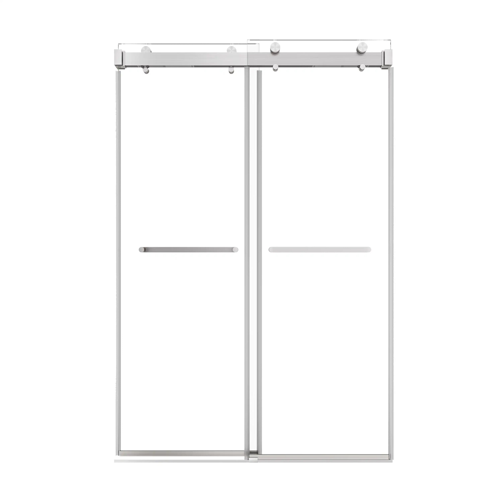 48 in brushed nickel sliding shower door with double towel bars, frameless modern design, and 48 x 76 inch dimensions | Ace Decor