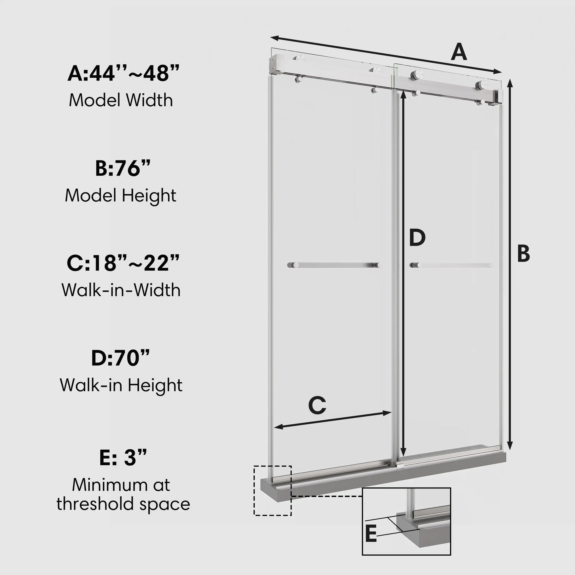 48 in brushed nickel sliding shower door dimension diagram showing 48 x 76 inch size, walk-in width, and height measurements | Ace Decor